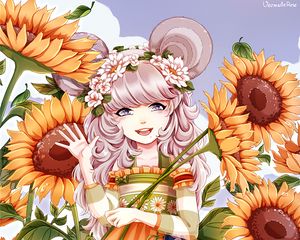 Preview wallpaper girl, anime, sunflowers, art