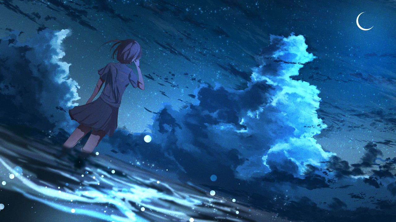 Wallpaper girl, anime, wind, night, stars, art