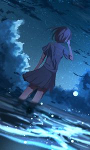 Preview wallpaper girl, anime, wind, night, stars, art