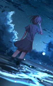 Preview wallpaper girl, anime, wind, night, stars, art