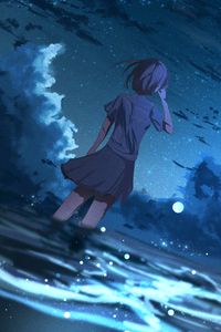 Preview wallpaper girl, anime, wind, night, stars, art