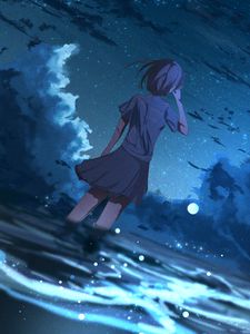 Preview wallpaper girl, anime, wind, night, stars, art