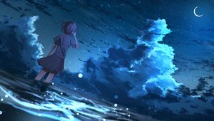 Preview wallpaper girl, anime, wind, night, stars, art