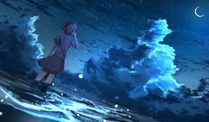 Preview wallpaper girl, anime, wind, night, stars, art