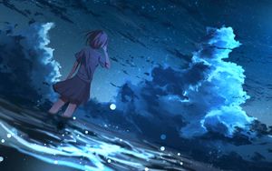 Preview wallpaper girl, anime, wind, night, stars, art