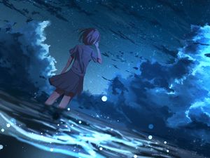 Preview wallpaper girl, anime, wind, night, stars, art