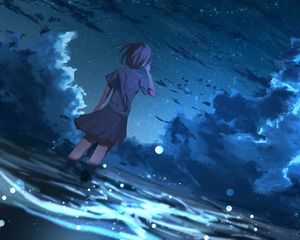 Preview wallpaper girl, anime, wind, night, stars, art