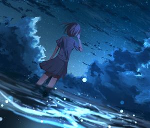 Preview wallpaper girl, anime, wind, night, stars, art