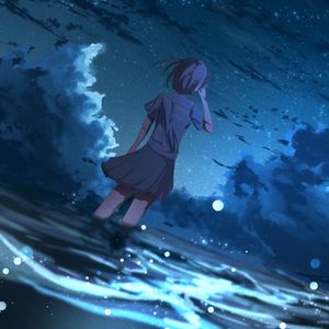 Preview wallpaper girl, anime, wind, night, stars, art