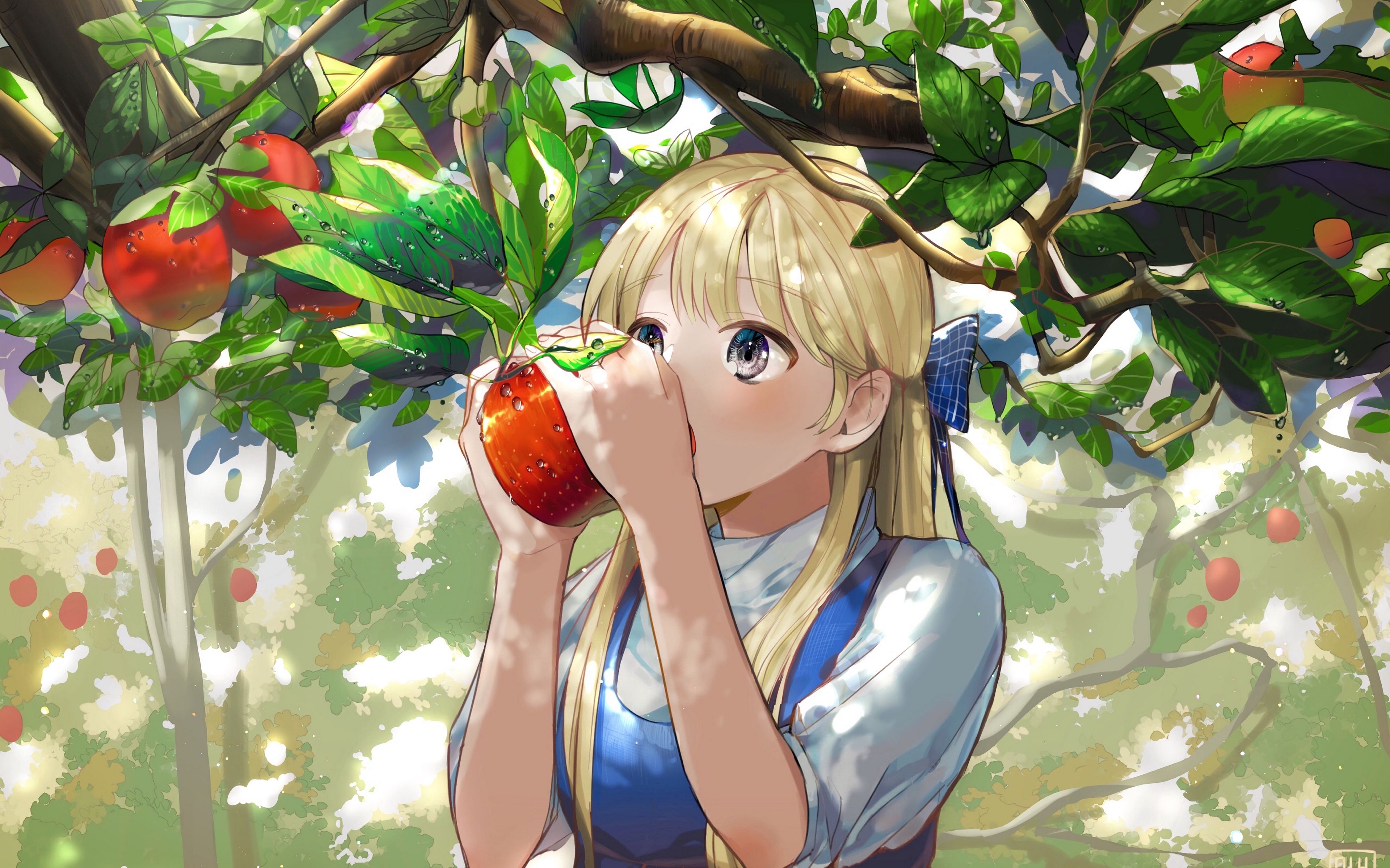 Download wallpaper 3840x2400 girl, apple, garden, anime, art 4k ultra hd  16:10 hd background