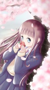 Preview wallpaper girl, apples, petals, sakura, anime