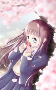 Preview wallpaper girl, apples, petals, sakura, anime