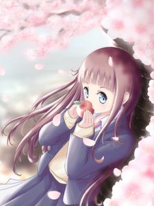 Preview wallpaper girl, apples, petals, sakura, anime