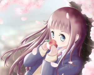 Preview wallpaper girl, apples, petals, sakura, anime