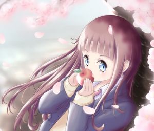 Preview wallpaper girl, apples, petals, sakura, anime