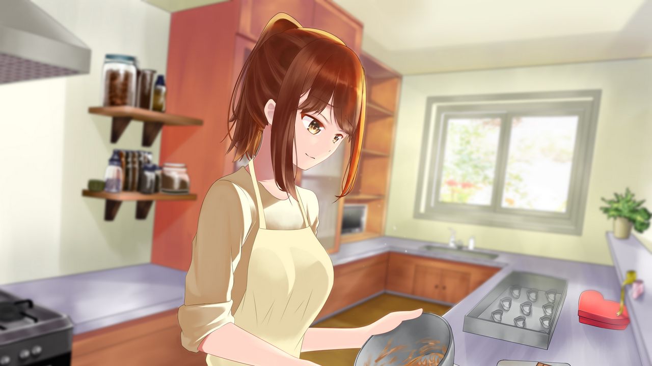 Wallpaper girl, apron, kitchen, anime