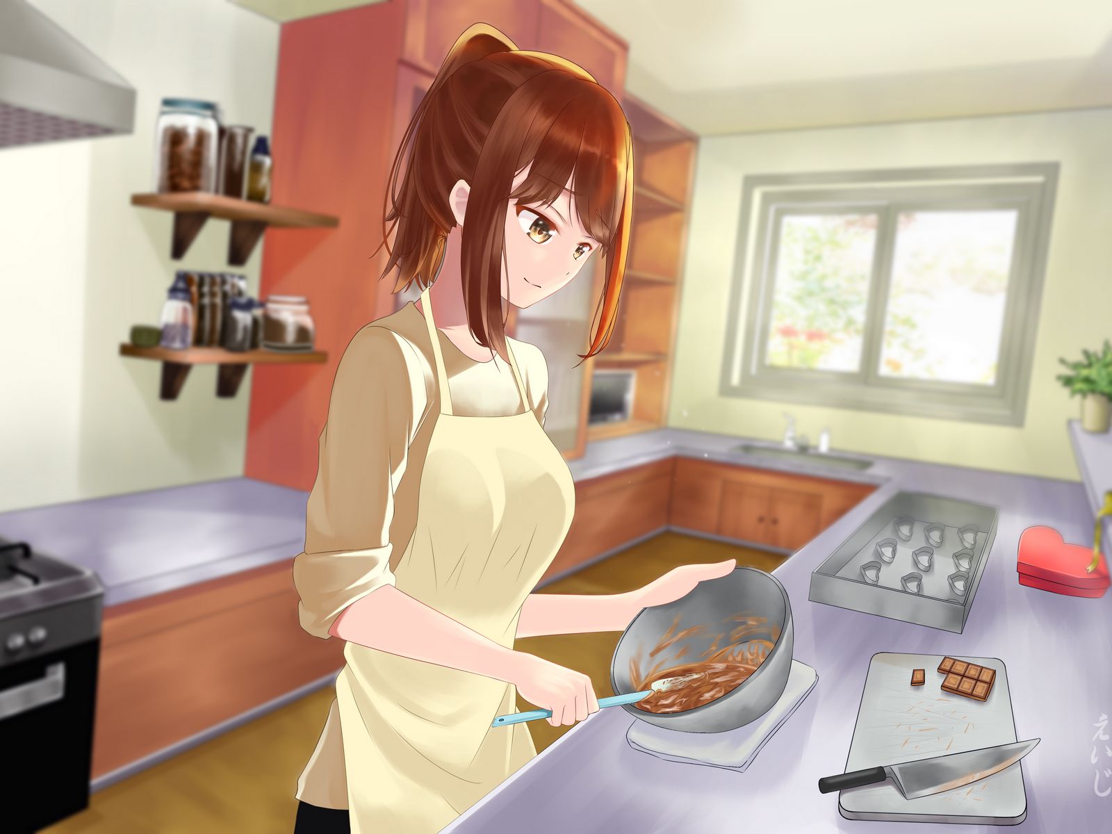 Download wallpaper 1600x1200 girl, apron, kitchen, anime standard 4:3 hd  background