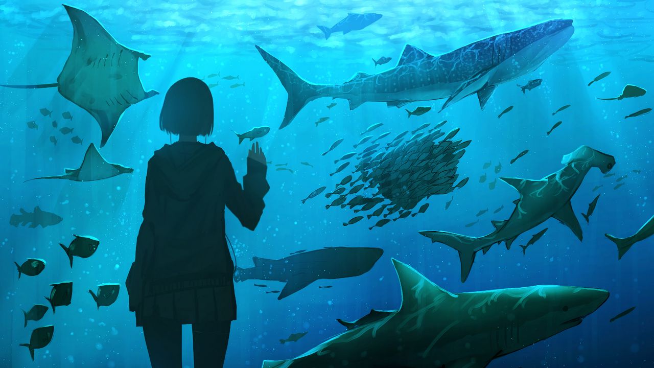 Wallpaper girl, aquarium, fish, underwater world, art