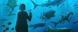 Preview wallpaper girl, aquarium, fish, underwater world, art