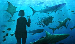 Preview wallpaper girl, aquarium, fish, underwater world, art