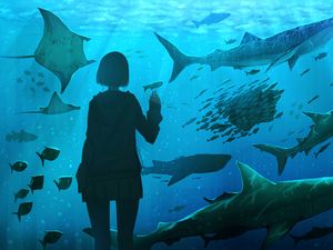 Preview wallpaper girl, aquarium, fish, underwater world, art