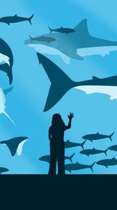 Preview wallpaper girl, aquarium, fish, sharks