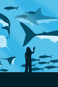 Preview wallpaper girl, aquarium, fish, sharks