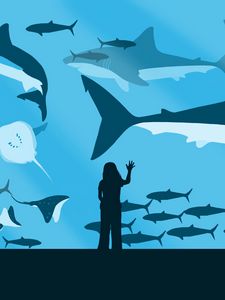 Preview wallpaper girl, aquarium, fish, sharks