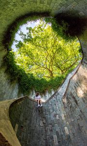 Preview wallpaper girl, architecture, stairs, bottom view, trees