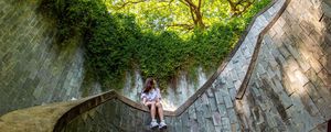 Preview wallpaper girl, architecture, stairs, bottom view, trees