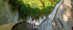 Preview wallpaper girl, architecture, stairs, bottom view, trees