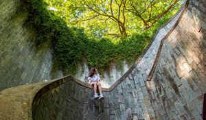 Preview wallpaper girl, architecture, stairs, bottom view, trees