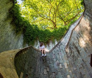 Preview wallpaper girl, architecture, stairs, bottom view, trees