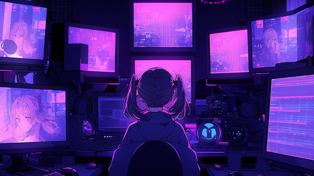 Wallpaper girl, armchair, screens, monitors, anime