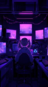 Preview wallpaper girl, armchair, screens, monitors, anime