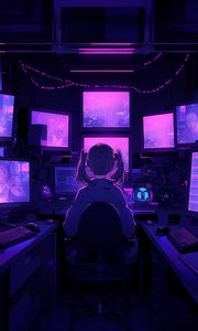 Preview wallpaper girl, armchair, screens, monitors, anime