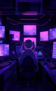 Preview wallpaper girl, armchair, screens, monitors, anime