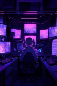 Preview wallpaper girl, armchair, screens, monitors, anime