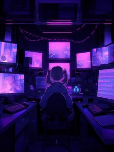 Preview wallpaper girl, armchair, screens, monitors, anime