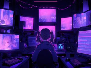 Preview wallpaper girl, armchair, screens, monitors, anime