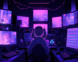 Preview wallpaper girl, armchair, screens, monitors, anime