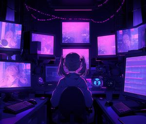 Preview wallpaper girl, armchair, screens, monitors, anime