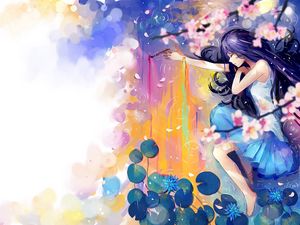 Preview wallpaper girl, art, brush, sleep, lotuses