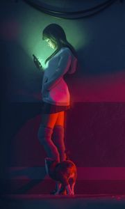 Preview wallpaper girl, art, cat, phone, lighting