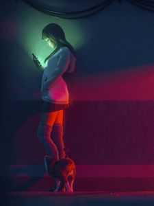 Preview wallpaper girl, art, cat, phone, lighting