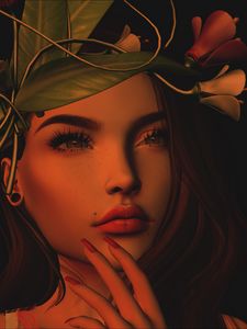 Preview wallpaper girl, art, face, wreath, leaves, flowers