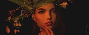 Preview wallpaper girl, art, face, wreath, leaves, flowers