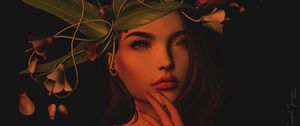 Preview wallpaper girl, art, face, wreath, leaves, flowers