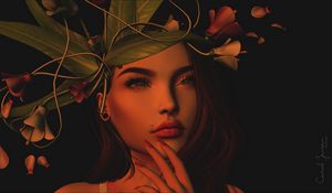 Preview wallpaper girl, art, face, wreath, leaves, flowers