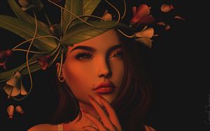 Preview wallpaper girl, art, face, wreath, leaves, flowers